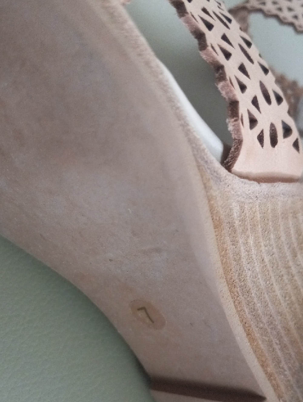 Jeffrey Campbell Nude Laser-Cut Ankle-Strap Wedge Sandals Size 7 - Picture 16 of 17
